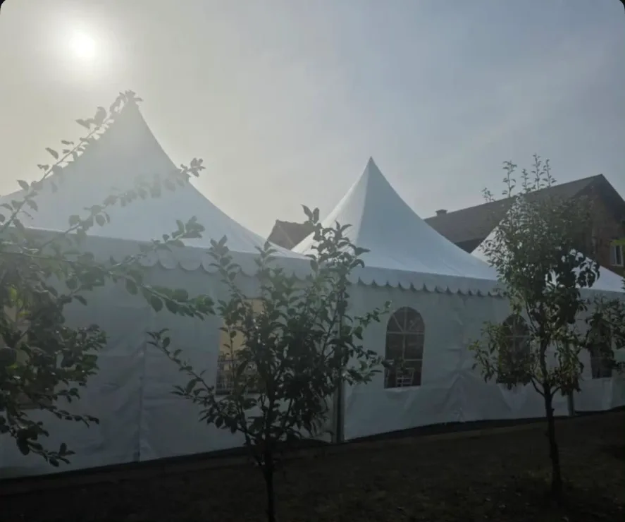 Bijele pagode u jutarnjem svjetlu među voćkama